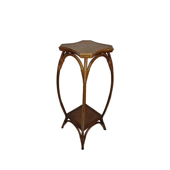 Vintage MCM Bamboo Rattan Wicker Pedestal Wood Plant Stand Table Bohemian